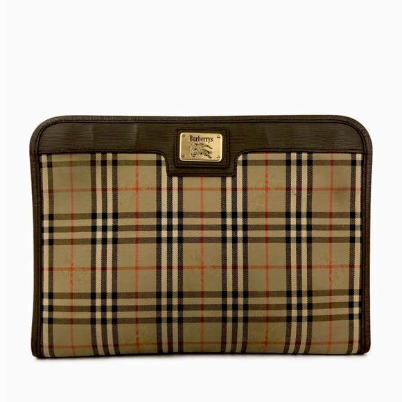 Authentic Burberrys Horse Logo Beige Check Canvas Clutch Bag Purse - Picture 1 of 12